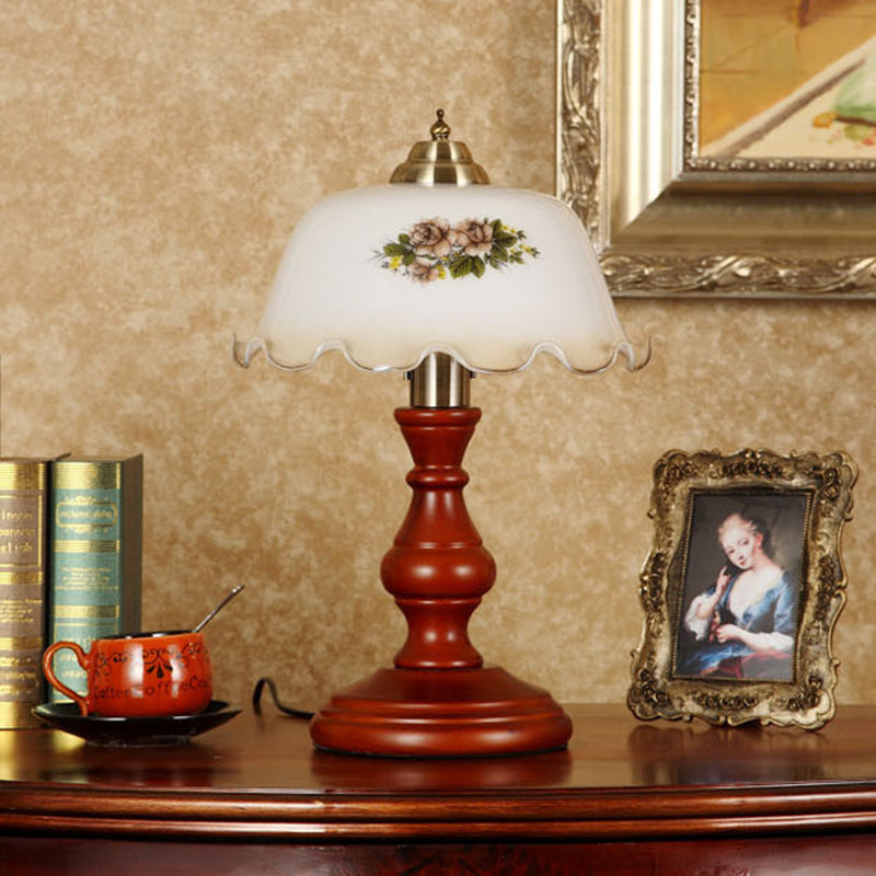 Traditional Vintage Round Cylinder Pendant Flower Fabric Glass Wood 1-Light Table Lamp For Living Room