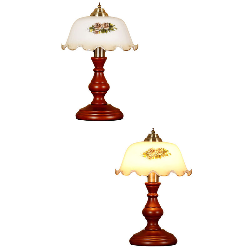 Traditional Vintage Round Cylinder Pendant Flower Fabric Glass Wood 1-Light Table Lamp For Living Room