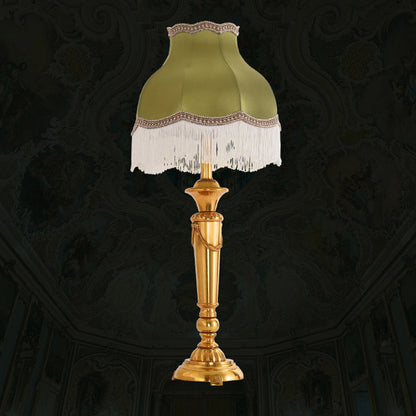 Traditional French Fringe Round Cylinder Fabric Brass 1-Light Table Lamp For Living Room