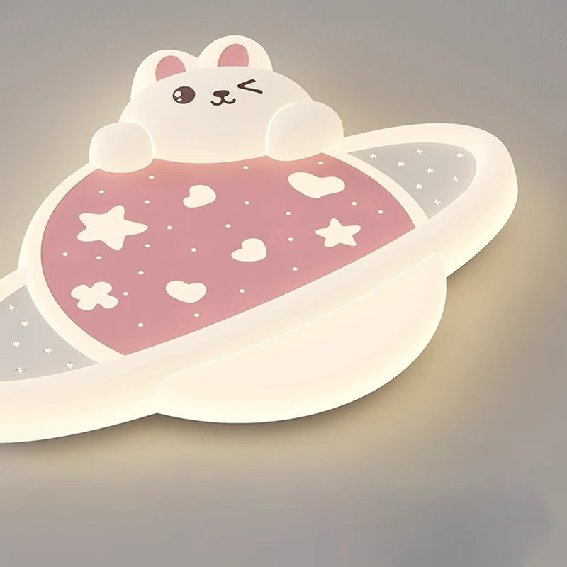 Modern Art Deco Kids Bunny Planet PE Iron LED Flush Mount Ceiling Light For Living Room