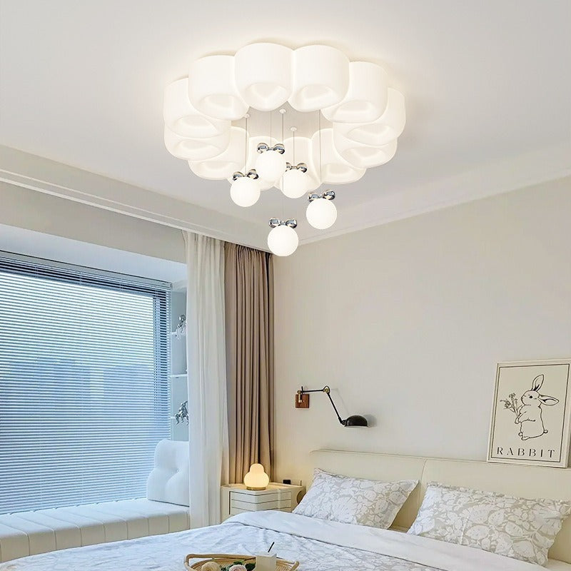Modern Minimalist Cream Oval Round Pendant PE Iron LED Flush Mount Ceiling Light For Bedroom