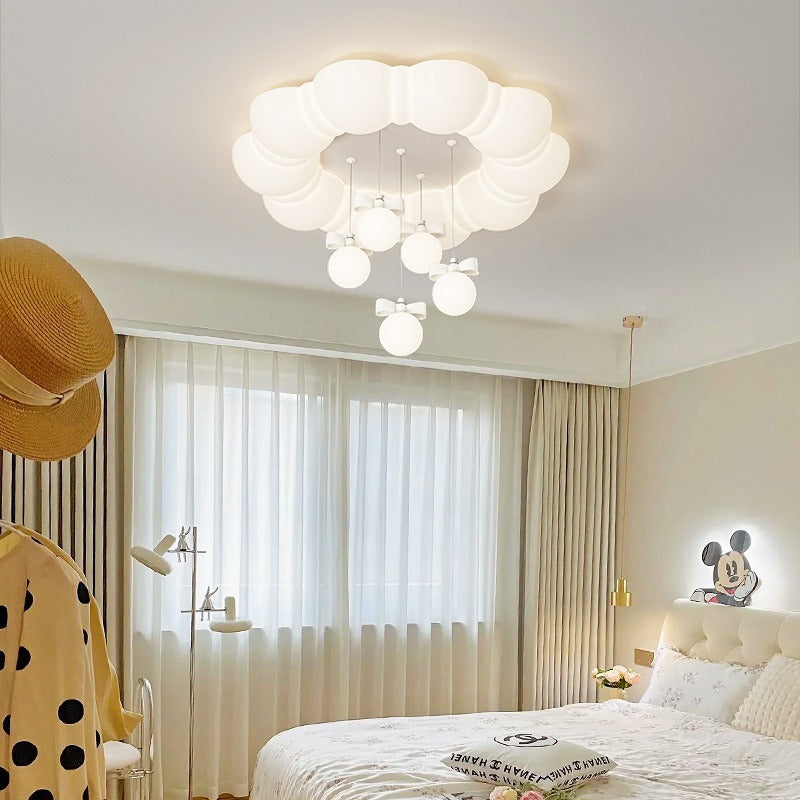 Modern Minimalist Cream Oval Round Pendant PE Iron LED Flush Mount Ceiling Light For Bedroom