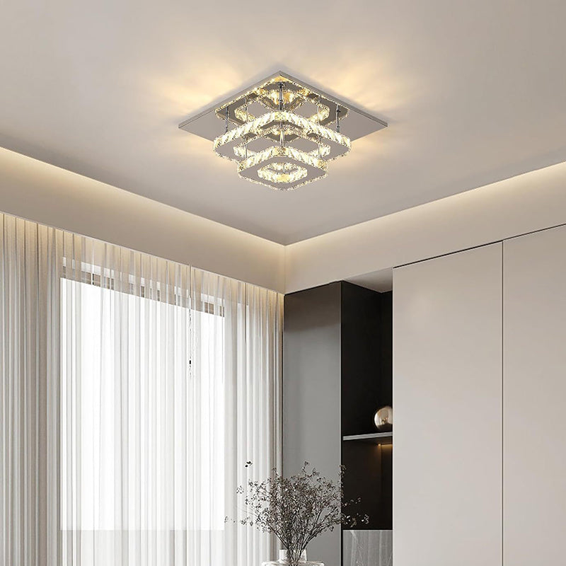 Modern Luxury Square Crystal Iron LED Flush Mount Ceiling Light For Bedroom