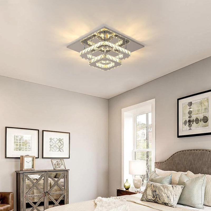Modern Luxury Square Crystal Iron LED Flush Mount Ceiling Light For Bedroom