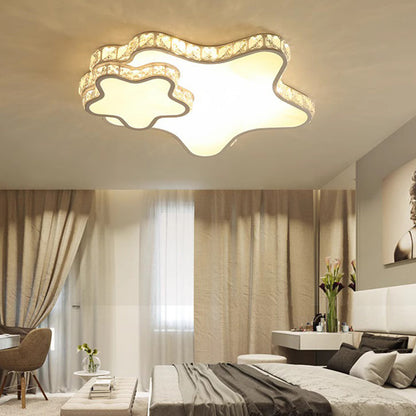 Modern Luxury Cloud Star Crescent Concentric Crystal Iron LED Flush Mount Ceiling Light For Living Room