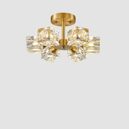 Modern Luxury Branch Square Round Crystal Copper 3/4/5/6 Light Semi-Flush Mount Ceiling Light For Bedroom