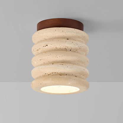 Traditional Japanese Round Columns Yellow Travertine Walnut 1-Light Flush Mount Ceiling Light For Living Room