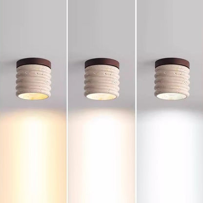 Traditional Japanese Round Columns Yellow Travertine Walnut 1-Light Flush Mount Ceiling Light For Living Room