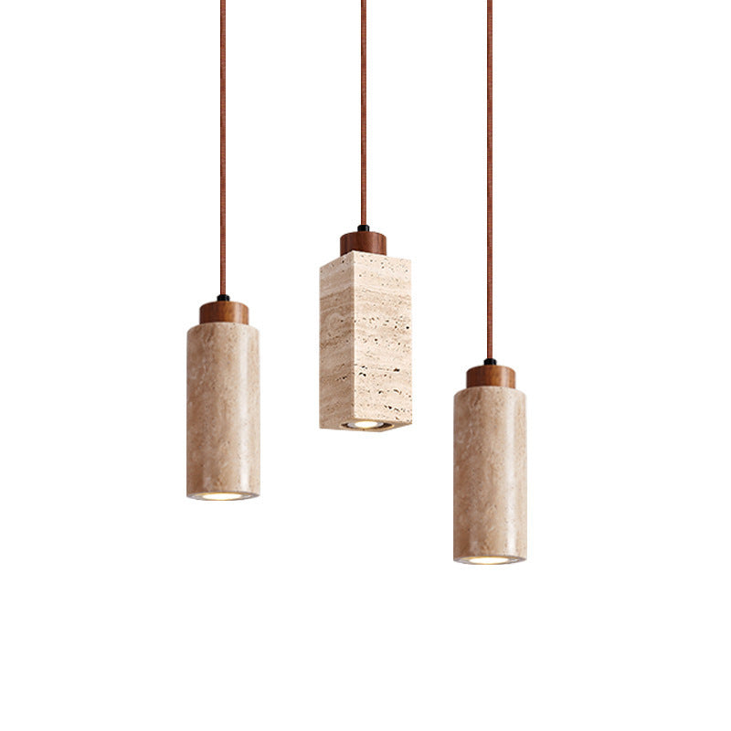 Traditional Japanese Round Rectangular Cylinder Yellow Travertine Solid Wood 1-Light Pendant Light For Living Room