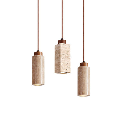 Traditional Japanese Round Rectangular Cylinder Yellow Travertine Solid Wood 1-Light Pendant Light For Living Room