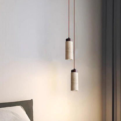 Traditional Japanese Round Rectangular Cylinder Yellow Travertine Solid Wood 1-Light Pendant Light For Living Room