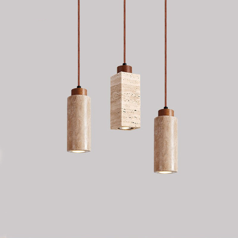 Traditional Japanese Round Rectangular Cylinder Yellow Travertine Solid Wood 1-Light Pendant Light For Living Room