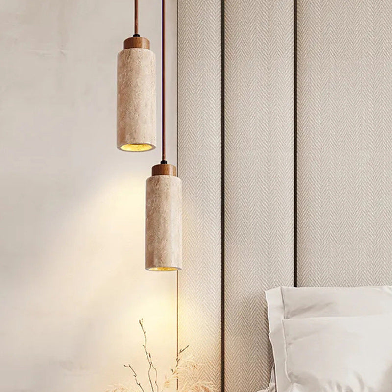 Traditional Japanese Round Rectangular Cylinder Yellow Travertine Solid Wood 1-Light Pendant Light For Living Room