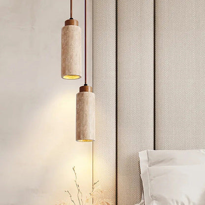 Traditional Japanese Round Rectangular Cylinder Yellow Travertine Solid Wood 1-Light Pendant Light For Living Room