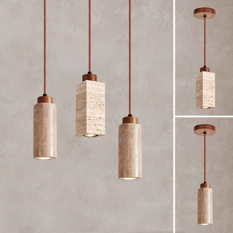 Traditional Japanese Round Rectangular Cylinder Yellow Travertine Solid Wood 1-Light Pendant Light For Living Room