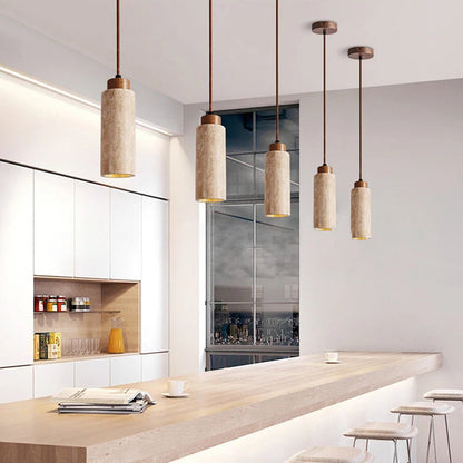 Traditional Japanese Round Rectangular Cylinder Yellow Travertine Solid Wood 1-Light Pendant Light For Living Room