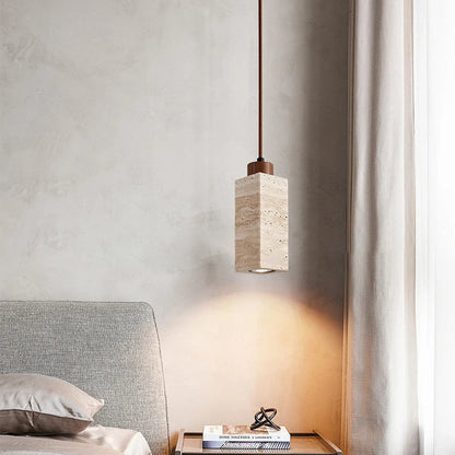Traditional Japanese Round Rectangular Cylinder Yellow Travertine Solid Wood 1-Light Pendant Light For Living Room