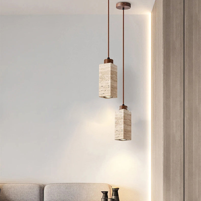 Traditional Japanese Round Rectangular Cylinder Yellow Travertine Solid Wood 1-Light Pendant Light For Living Room