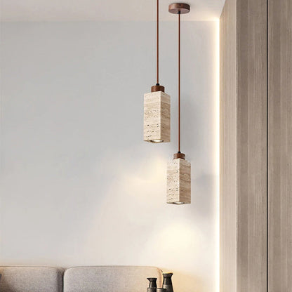 Traditional Japanese Round Rectangular Cylinder Yellow Travertine Solid Wood 1-Light Pendant Light For Living Room