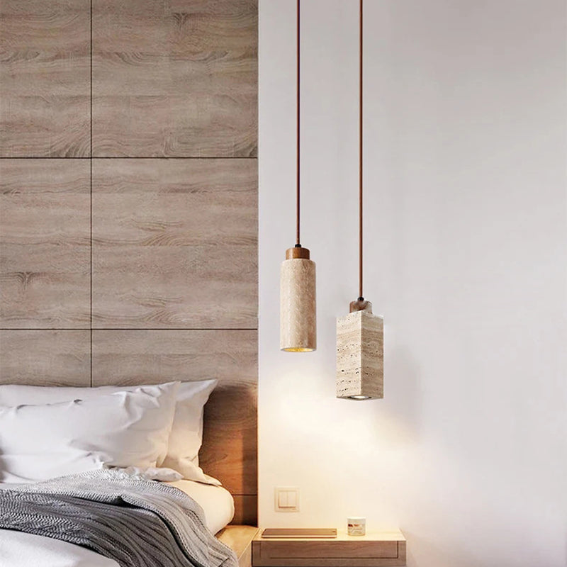 Traditional Japanese Round Rectangular Cylinder Yellow Travertine Solid Wood 1-Light Pendant Light For Living Room