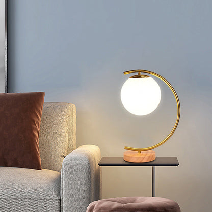 Contemporary Scandinavian Orb Curved Round Glass Iron Solid Wood 1-Light Table Lamp For Living Room