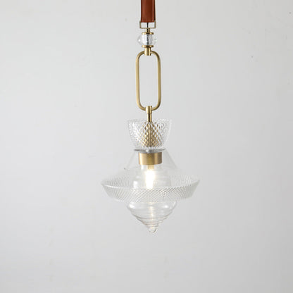 Contemporary Industrial Round Triangle Cone Ring Crystal Glass Iron Leather 1-Light Pendant Light For Living Room