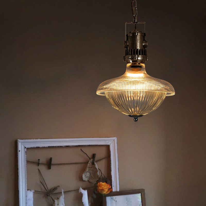 Traditional Vintage Half Round Bowl Cylinder Glass Aluminum 1-Light Pendant Light For Living Room