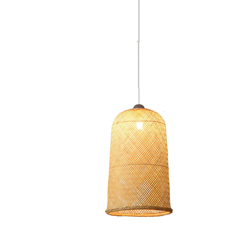 Traditional Chinese Cylinder Hanging Clock Bamboo Iron 1-Light Pendant Light For Living Room