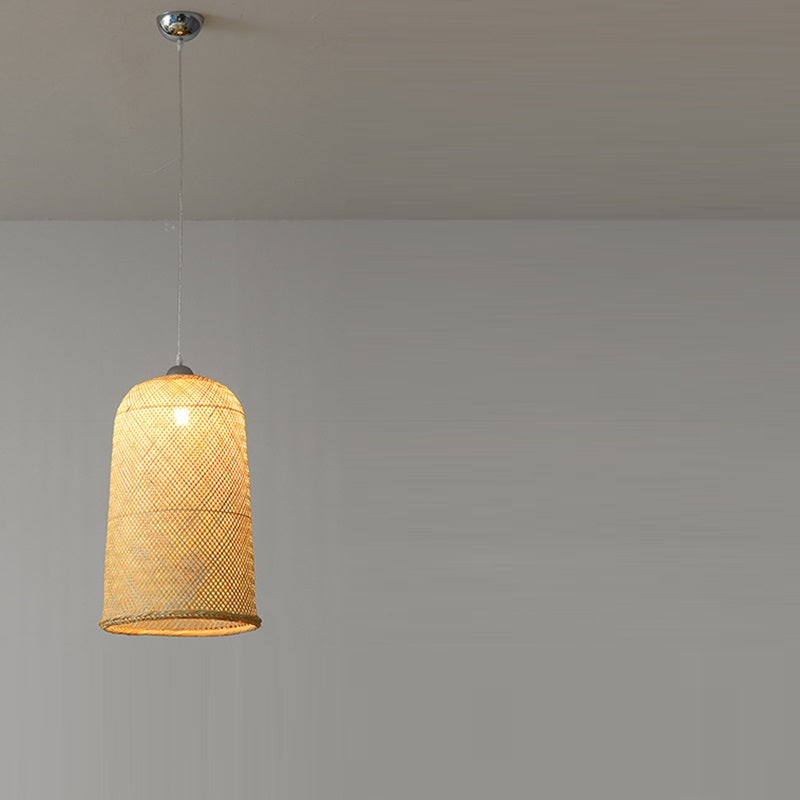 Traditional Chinese Cylinder Hanging Clock Bamboo Iron 1-Light Pendant Light For Living Room