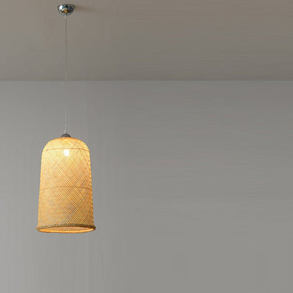 Traditional Chinese Cylinder Hanging Clock Bamboo Iron 1-Light Pendant Light For Living Room