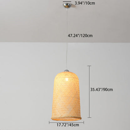 Traditional Chinese Cylinder Hanging Clock Bamboo Iron 1-Light Pendant Light For Living Room