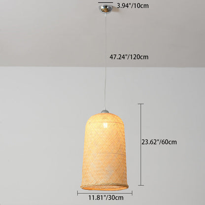 Traditional Chinese Cylinder Hanging Clock Bamboo Iron 1-Light Pendant Light For Living Room