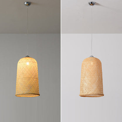 Traditional Chinese Cylinder Hanging Clock Bamboo Iron 1-Light Pendant Light For Living Room