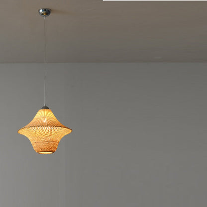 Traditional Chinese Winter Melon Flying Saucer Gourd Round Bamboo Iron 1-Light Pendant Light For Living Room