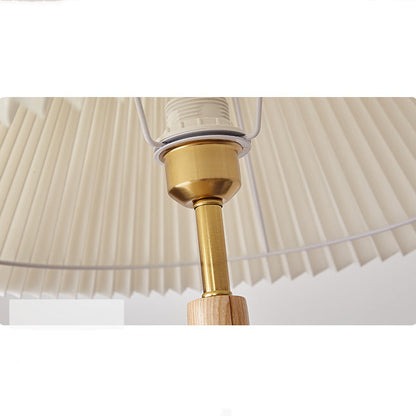 Traditional Vintage Cylinder Cone Pleated Cotton Linen Ash Wood Brass 1-Light Standing Floor Lamp For Living Room