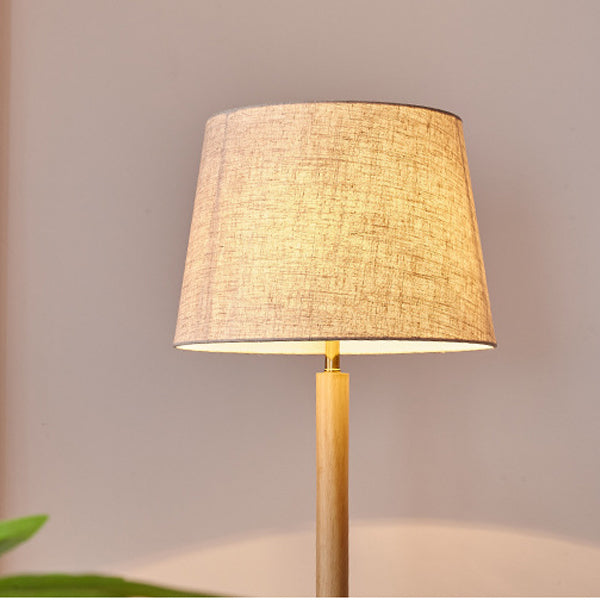 Traditional Vintage Cylinder Cone Pleated Cotton Linen Ash Wood Brass 1-Light Standing Floor Lamp For Living Room