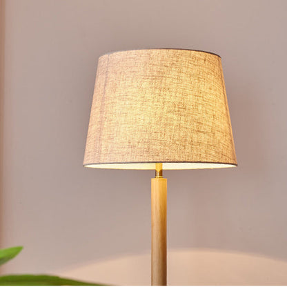 Traditional Vintage Cylinder Cone Pleated Cotton Linen Ash Wood Brass 1-Light Standing Floor Lamp For Living Room