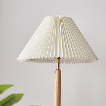 Traditional Vintage Cylinder Cone Pleated Cotton Linen Ash Wood Brass 1-Light Standing Floor Lamp For Living Room