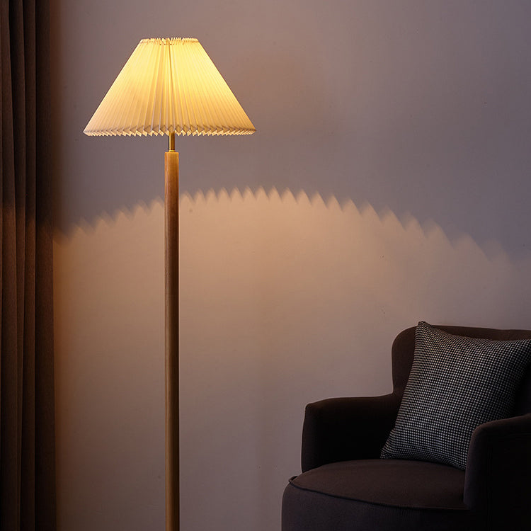 Traditional Vintage Cylinder Cone Pleated Cotton Linen Ash Wood Brass 1-Light Standing Floor Lamp For Living Room