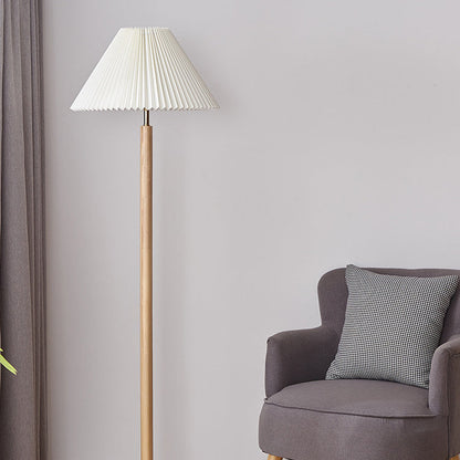 Traditional Vintage Cylinder Cone Pleated Cotton Linen Ash Wood Brass 1-Light Standing Floor Lamp For Living Room