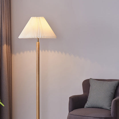 Traditional Vintage Cylinder Cone Pleated Cotton Linen Ash Wood Brass 1-Light Standing Floor Lamp For Living Room