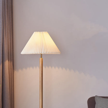 Traditional Vintage Cylinder Cone Pleated Cotton Linen Ash Wood Brass 1-Light Standing Floor Lamp For Living Room