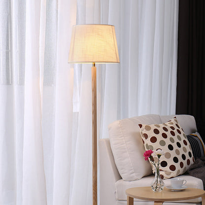 Traditional Vintage Cylinder Cone Pleated Cotton Linen Ash Wood Brass 1-Light Standing Floor Lamp For Living Room
