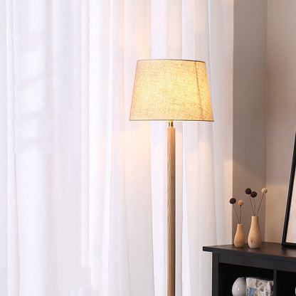 Traditional Vintage Cylinder Cone Pleated Cotton Linen Ash Wood Brass 1-Light Standing Floor Lamp For Living Room