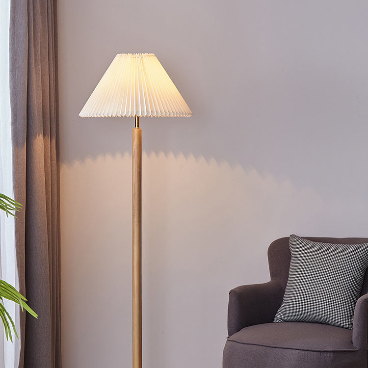 Traditional Vintage Cylinder Cone Pleated Cotton Linen Ash Wood Brass 1-Light Standing Floor Lamp For Living Room