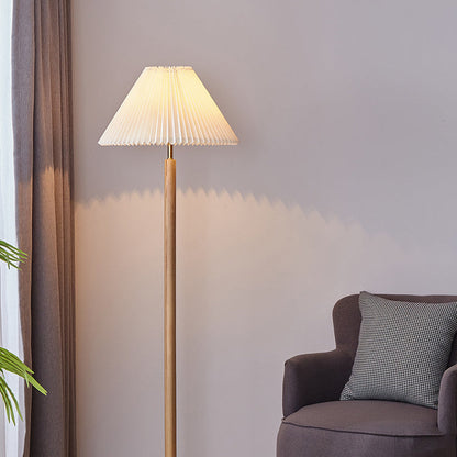 Traditional Vintage Cylinder Cone Pleated Cotton Linen Ash Wood Brass 1-Light Standing Floor Lamp For Living Room
