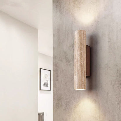 Contemporary Scandinavian Cylinder Round Yellow Travertine Wood 2-Light Wall Sconce Lamp For Living Room
