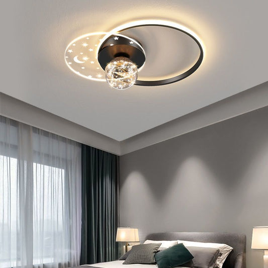 Contemporary Scandinavian Round Orb Star Crescent Glass Acrylic Iron LED Flush Mount Ceiling Light For Bedroom