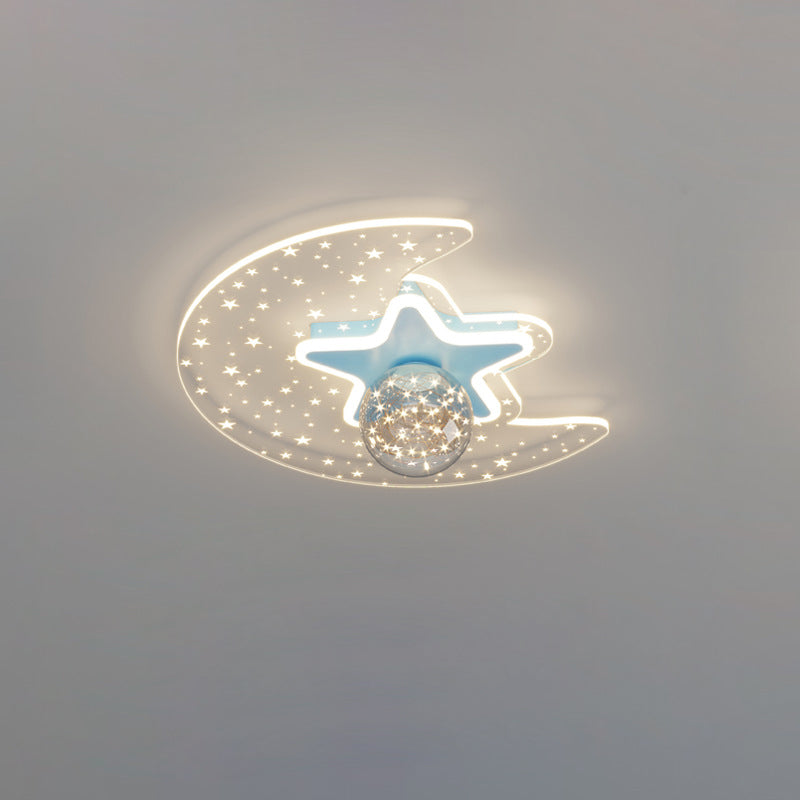 Contemporary Scandinavian Crescent Star Oval Orb Glass Aluminum Iron LED Flush Mount Ceiling Light For Bedroom