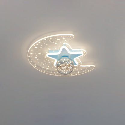 Contemporary Scandinavian Crescent Star Oval Orb Glass Aluminum Iron LED Flush Mount Ceiling Light For Bedroom
